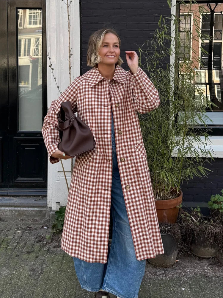 Lorance™ | Trench Long Carreaux Rouge