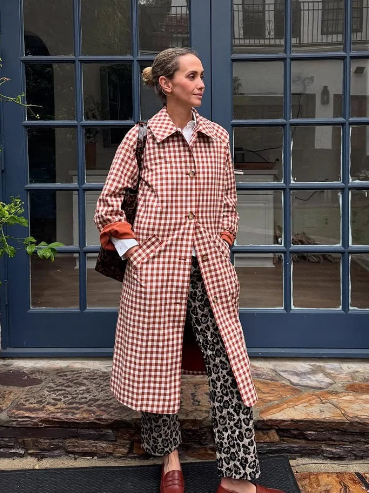 Lorance™ | Trench Long Carreaux Rouge