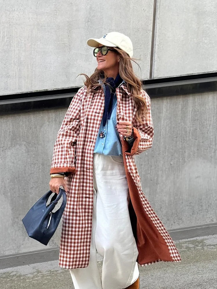Lorance™ | Trench Long Carreaux Rouge